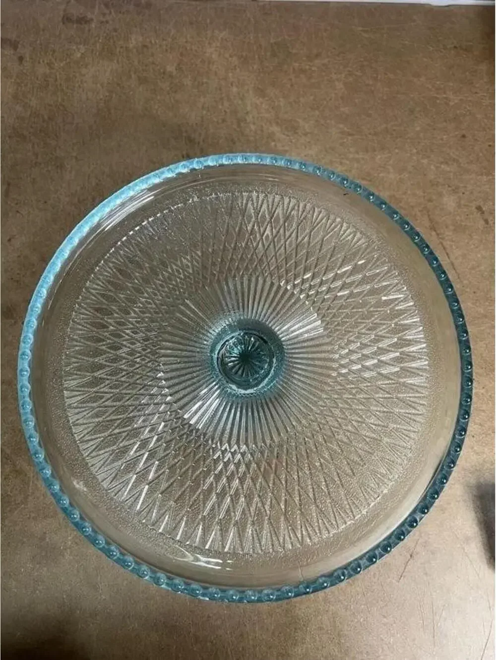 Blue Pressed Glass Pedestal Cake Stand Beaded Edge Retro Round Dessert Tray